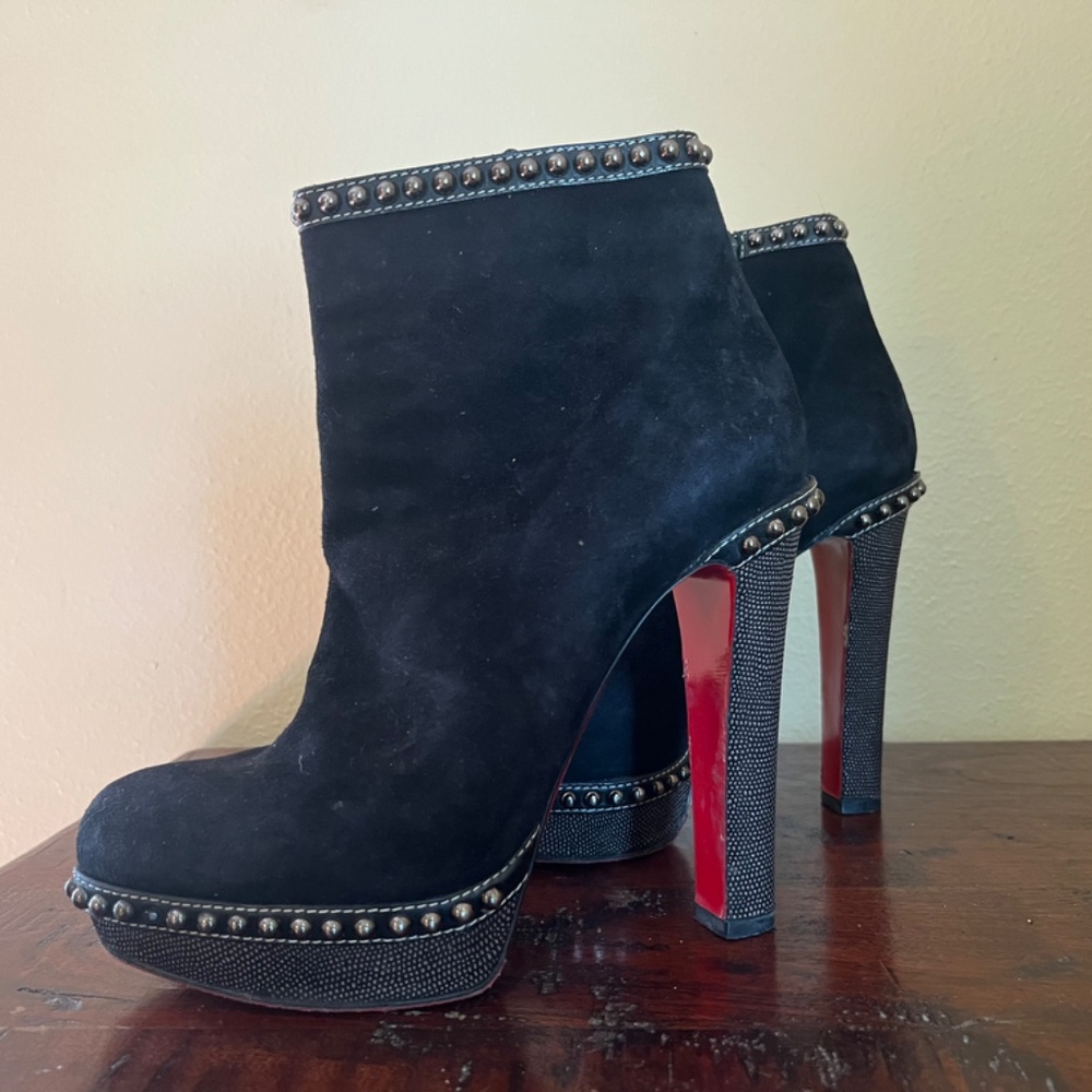 Christian Louboutin Black Suede Booties with Studs - Pre-Loved